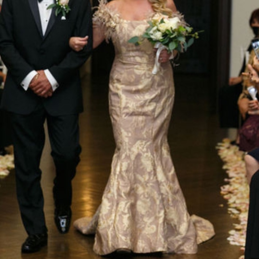 Champagne colored feathered gown
